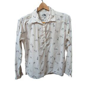 The North Face Womens White Button-Down Shirt Wolf Print Cotton Long-Sleeve sz S